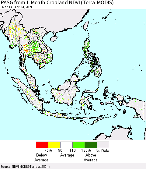 South East Asia PASG from 1-Month Cropland NDVI (Terra-MODIS) Thematic Map For 4/7/2021 - 4/14/2021
