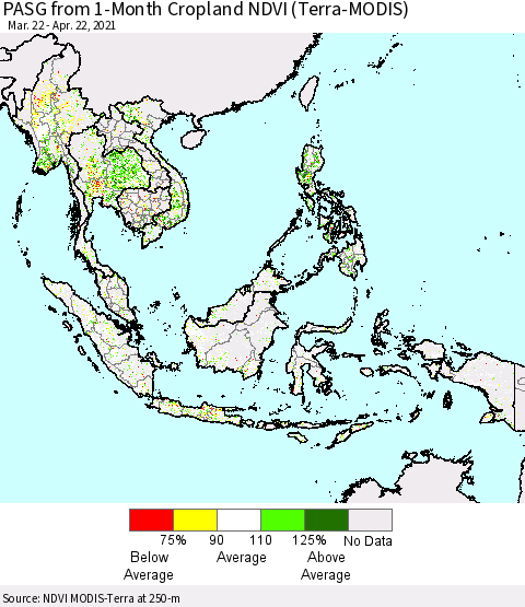 South East Asia PASG from 1-Month Cropland NDVI (Terra-MODIS) Thematic Map For 4/15/2021 - 4/22/2021
