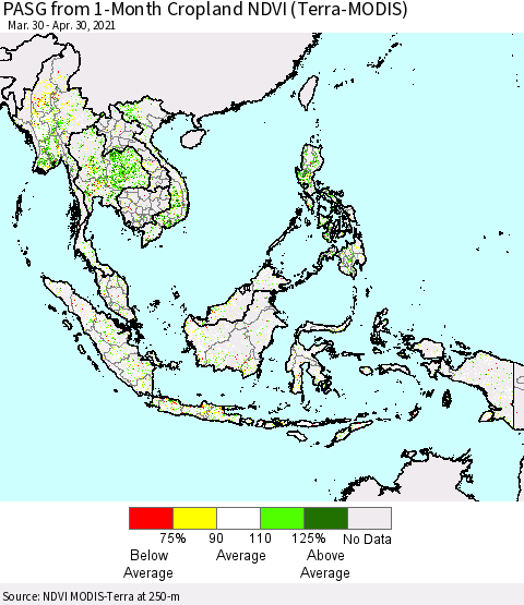South East Asia PASG from 1-Month Cropland NDVI (Terra-MODIS) Thematic Map For 4/23/2021 - 4/30/2021
