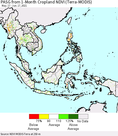 South East Asia PASG from 1-Month Cropland NDVI (Terra-MODIS) Thematic Map For 6/10/2021 - 6/17/2021