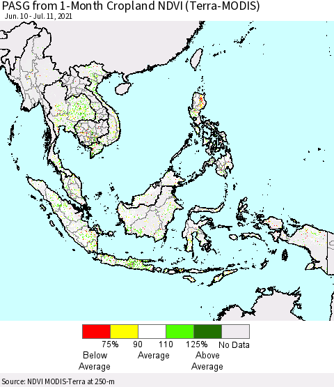 South East Asia PASG from 1-Month Cropland NDVI (Terra-MODIS) Thematic Map For 7/4/2021 - 7/11/2021