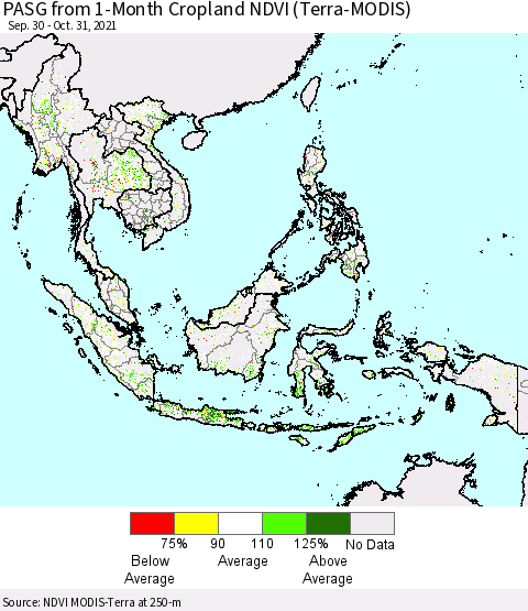 South East Asia PASG from 1-Month Cropland NDVI (Terra-MODIS) Thematic Map For 10/24/2021 - 10/31/2021