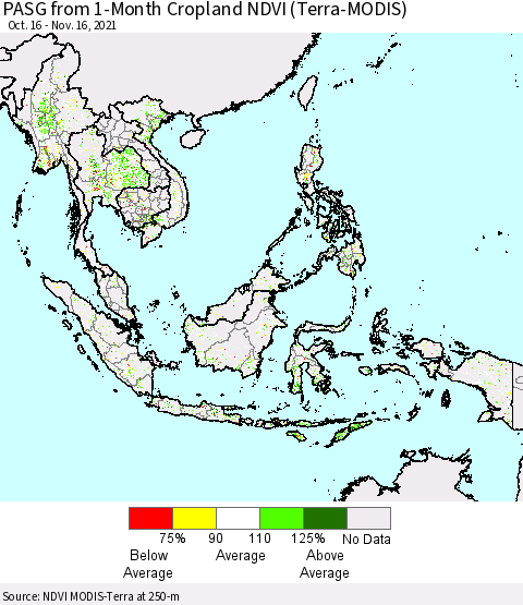 South East Asia PASG from 1-Month Cropland NDVI (Terra-MODIS) Thematic Map For 11/9/2021 - 11/16/2021