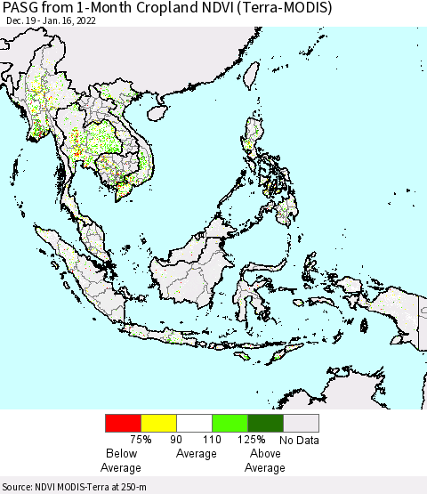 South East Asia PASG from 1-Month Cropland NDVI (Terra-MODIS) Thematic Map For 1/9/2022 - 1/16/2022