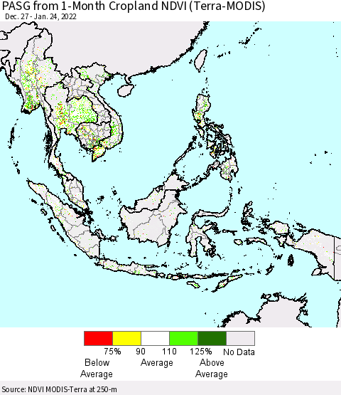South East Asia PASG from 1-Month Cropland NDVI (Terra-MODIS) Thematic Map For 1/17/2022 - 1/24/2022