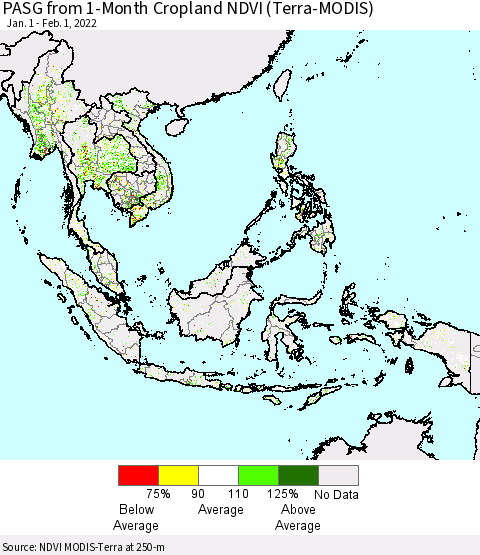 South East Asia PASG from 1-Month Cropland NDVI (Terra-MODIS) Thematic Map For 1/25/2022 - 2/1/2022