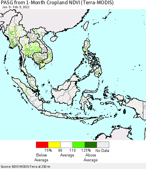 South East Asia PASG from 1-Month Cropland NDVI (Terra-MODIS) Thematic Map For 2/2/2022 - 2/9/2022