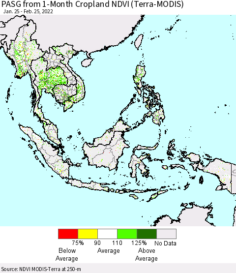 South East Asia PASG from 1-Month Cropland NDVI (Terra-MODIS) Thematic Map For 2/18/2022 - 2/25/2022