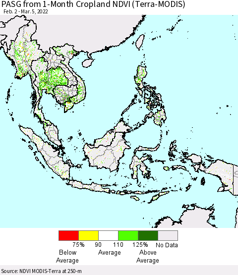 South East Asia PASG from 1-Month Cropland NDVI (Terra-MODIS) Thematic Map For 2/26/2022 - 3/5/2022