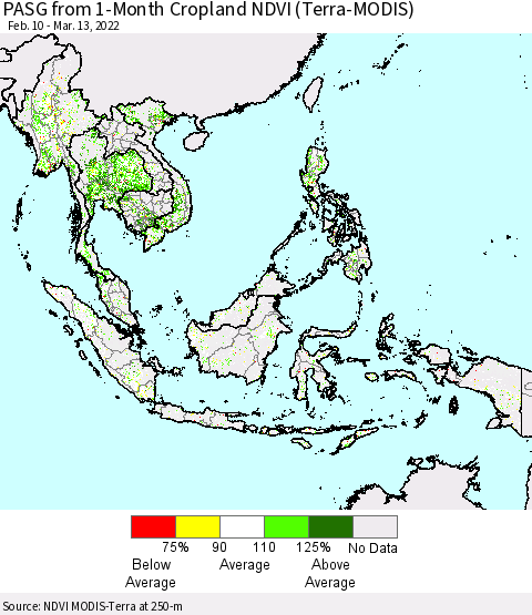 South East Asia PASG from 1-Month Cropland NDVI (Terra-MODIS) Thematic Map For 3/6/2022 - 3/13/2022