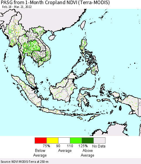 South East Asia PASG from 1-Month Cropland NDVI (Terra-MODIS) Thematic Map For 3/14/2022 - 3/21/2022