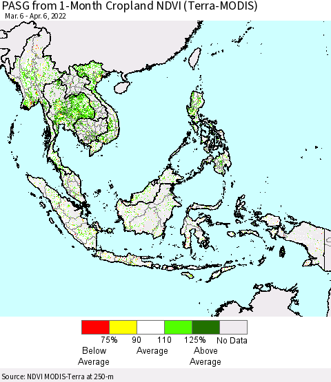 South East Asia PASG from 1-Month Cropland NDVI (Terra-MODIS) Thematic Map For 3/30/2022 - 4/6/2022
