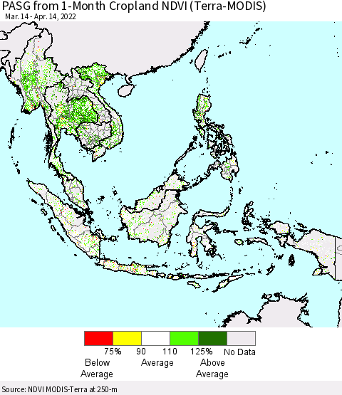 South East Asia PASG from 1-Month Cropland NDVI (Terra-MODIS) Thematic Map For 4/7/2022 - 4/14/2022