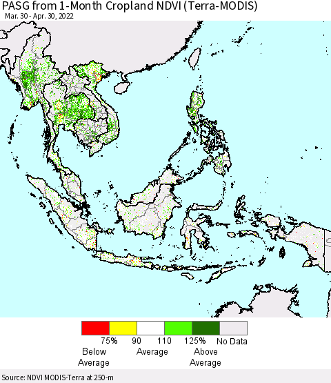 South East Asia PASG from 1-Month Cropland NDVI (Terra-MODIS) Thematic Map For 4/23/2022 - 4/30/2022