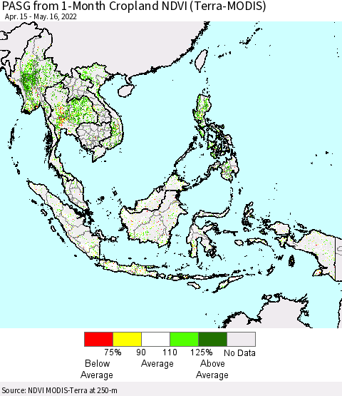 South East Asia PASG from 1-Month Cropland NDVI (Terra-MODIS) Thematic Map For 5/9/2022 - 5/16/2022