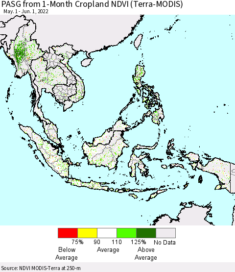 South East Asia PASG from 1-Month Cropland NDVI (Terra-MODIS) Thematic Map For 5/25/2022 - 6/1/2022