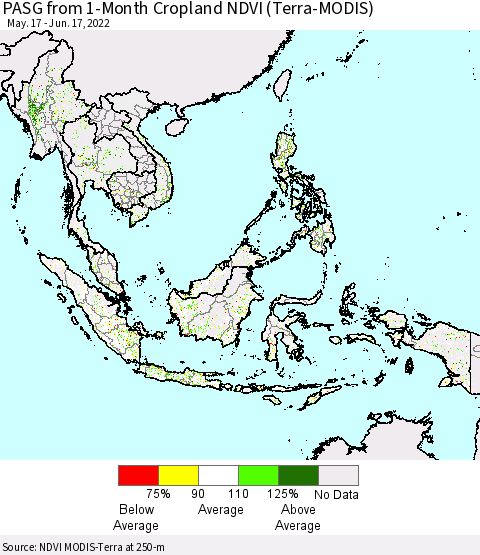 South East Asia PASG from 1-Month Cropland NDVI (Terra-MODIS) Thematic Map For 6/10/2022 - 6/17/2022
