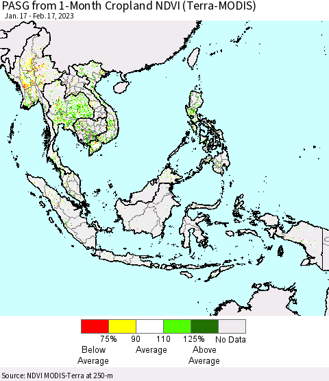 South East Asia PASG from 1-Month Cropland NDVI (Terra-MODIS) Thematic Map For 2/10/2023 - 2/17/2023