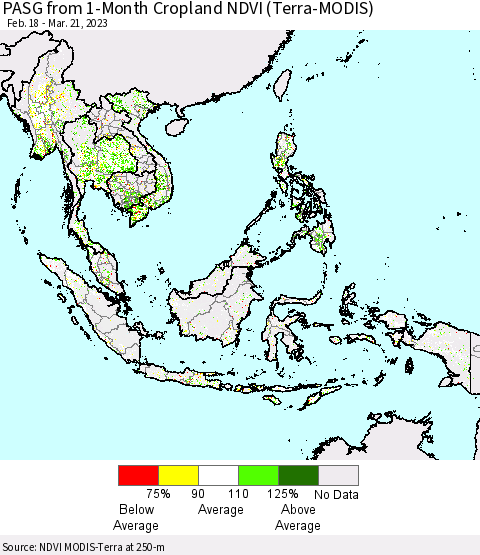 South East Asia PASG from 1-Month Cropland NDVI (Terra-MODIS) Thematic Map For 3/14/2023 - 3/21/2023