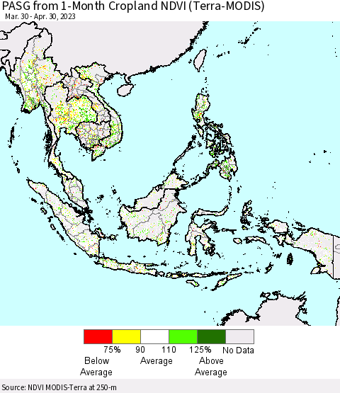 South East Asia PASG from 1-Month Cropland NDVI (Terra-MODIS) Thematic Map For 4/23/2023 - 4/30/2023