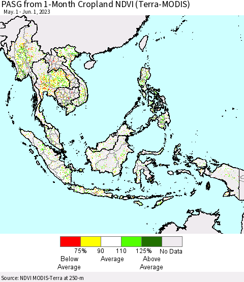 South East Asia PASG from 1-Month Cropland NDVI (Terra-MODIS) Thematic Map For 5/25/2023 - 6/1/2023