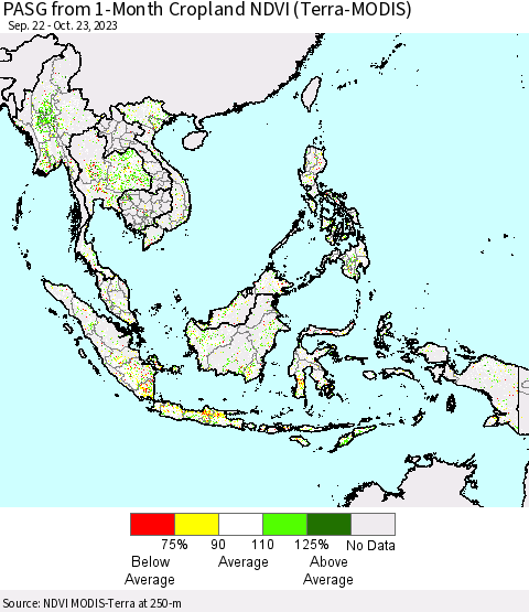 South East Asia PASG from 1-Month Cropland NDVI (Terra-MODIS) Thematic Map For 10/16/2023 - 10/23/2023