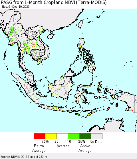 South East Asia PASG from 1-Month Cropland NDVI (Terra-MODIS) Thematic Map For 12/3/2023 - 12/10/2023