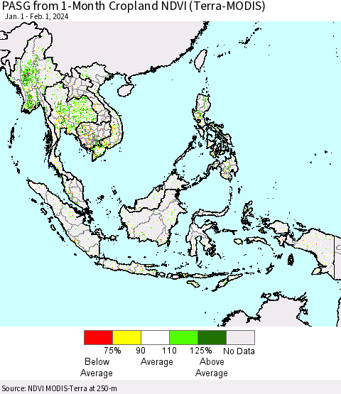 South East Asia PASG from 1-Month Cropland NDVI (Terra-MODIS) Thematic Map For 1/25/2024 - 2/1/2024