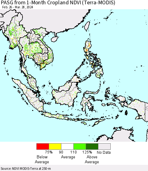 South East Asia PASG from 1-Month Cropland NDVI (Terra-MODIS) Thematic Map For 3/21/2024 - 3/28/2024