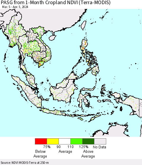 South East Asia PASG from 1-Month Cropland NDVI (Terra-MODIS) Thematic Map For 3/29/2024 - 4/5/2024