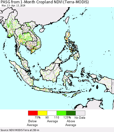 South East Asia PASG from 1-Month Cropland NDVI (Terra-MODIS) Thematic Map For 4/6/2024 - 4/13/2024