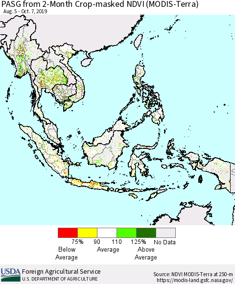South East Asia PASG from 2-Month Cropland NDVI (Terra-MODIS) Thematic Map For 10/1/2019 - 10/10/2019