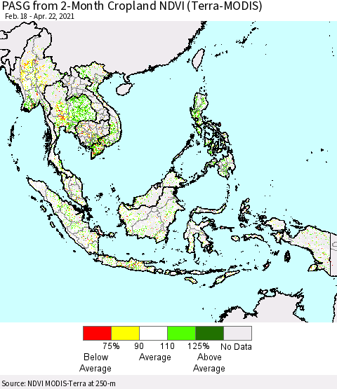 South East Asia PASG from 2-Month Cropland NDVI (Terra-MODIS) Thematic Map For 4/15/2021 - 4/22/2021