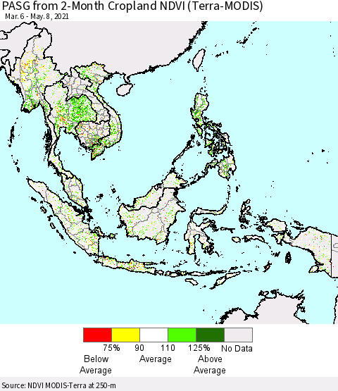 South East Asia PASG from 2-Month Cropland NDVI (Terra-MODIS) Thematic Map For 5/1/2021 - 5/8/2021