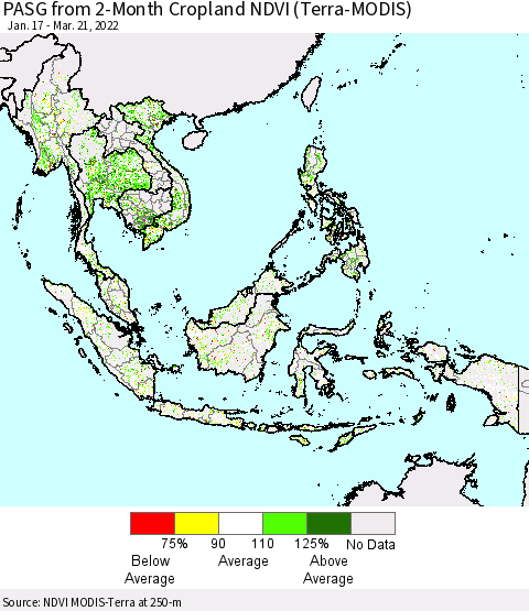 South East Asia PASG from 2-Month Cropland NDVI (Terra-MODIS) Thematic Map For 3/14/2022 - 3/21/2022