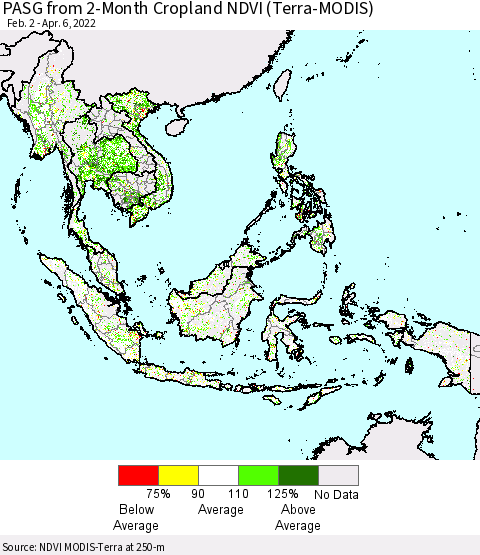 South East Asia PASG from 2-Month Cropland NDVI (Terra-MODIS) Thematic Map For 3/30/2022 - 4/6/2022