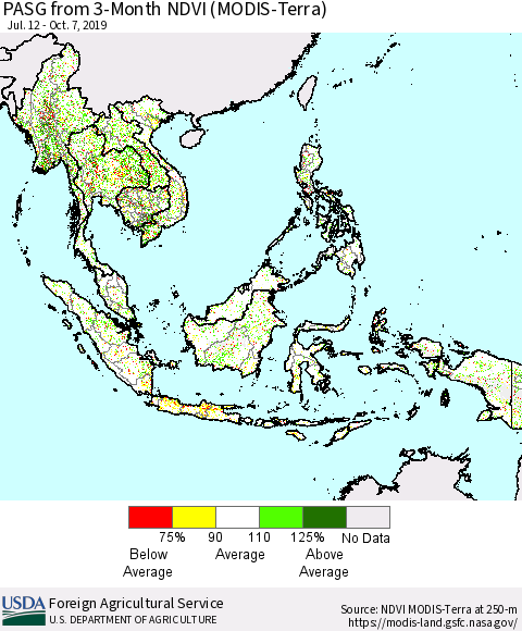 South East Asia PASG from 3-Month NDVI (Terra-MODIS) Thematic Map For 10/1/2019 - 10/10/2019