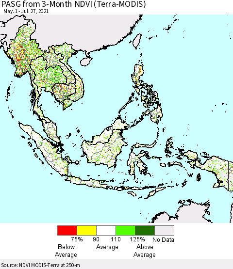 South East Asia PASG from 3-Month NDVI (Terra-MODIS) Thematic Map For 7/20/2021 - 7/27/2021
