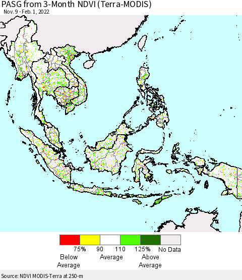 South East Asia PASG from 3-Month NDVI (Terra-MODIS) Thematic Map For 1/25/2022 - 2/1/2022
