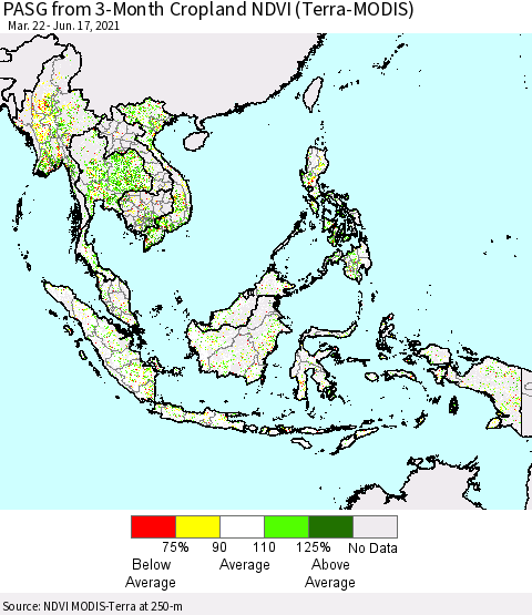 South East Asia PASG from 3-Month Cropland NDVI (Terra-MODIS) Thematic Map For 6/10/2021 - 6/17/2021