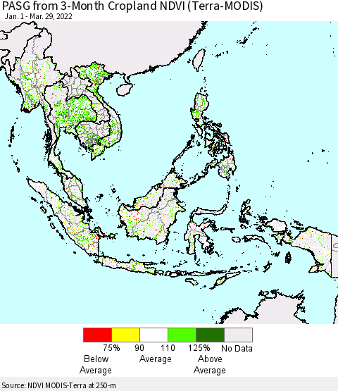 South East Asia PASG from 3-Month Cropland NDVI (Terra-MODIS) Thematic Map For 3/22/2022 - 3/29/2022
