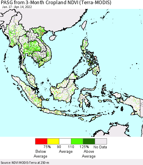 South East Asia PASG from 3-Month Cropland NDVI (Terra-MODIS) Thematic Map For 4/7/2022 - 4/14/2022