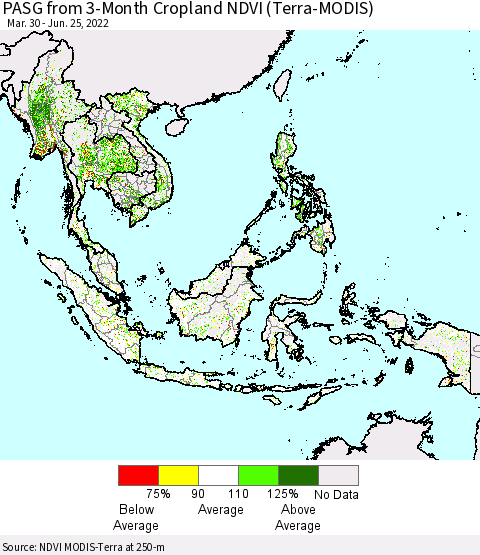 South East Asia PASG from 3-Month Cropland NDVI (Terra-MODIS) Thematic Map For 6/18/2022 - 6/25/2022