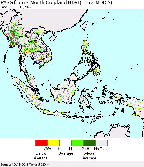 South East Asia PASG from 3-Month Cropland NDVI (Terra-MODIS) Thematic Map For 7/4/2022 - 7/11/2022