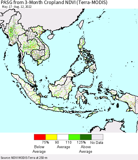 South East Asia PASG from 3-Month Cropland NDVI (Terra-MODIS) Thematic Map For 8/5/2022 - 8/12/2022