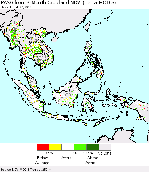 South East Asia PASG from 3-Month Cropland NDVI (Terra-MODIS) Thematic Map For 7/20/2023 - 7/27/2023