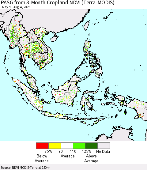 South East Asia PASG from 3-Month Cropland NDVI (Terra-MODIS) Thematic Map For 7/28/2023 - 8/4/2023