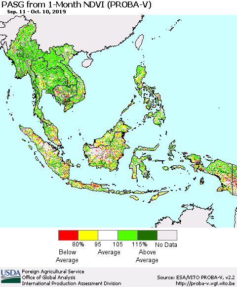 South East Asia PASG from 1-Month NDVI (PROBA-V) Thematic Map For 10/1/2019 - 10/10/2019