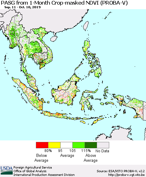South East Asia PASG from 1-Month Crop-masked NDVI (PROBA-V) Thematic Map For 10/1/2019 - 10/10/2019