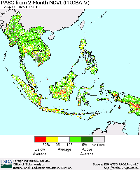 South East Asia PASG from 2-Month NDVI (PROBA-V) Thematic Map For 10/1/2019 - 10/10/2019